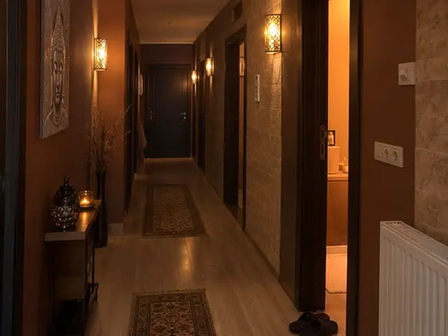 Aplik ışıklı, halılı ve sıcak tonlu koridor — Asmalı Mescit, Masaj Salonun